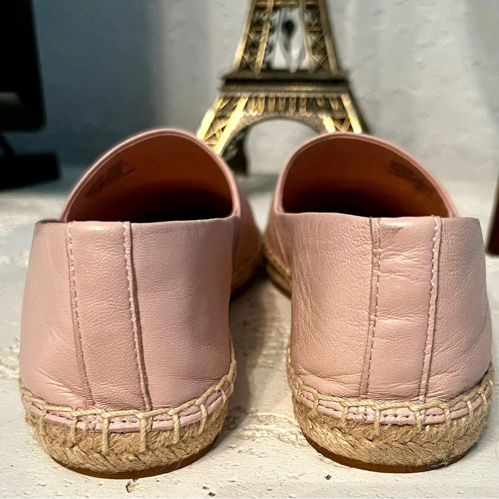 Tory Burch Ines Leather Espadrilles Sea Shell Pink Silver, Size 7